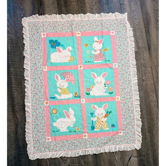 Other - Sweet Bunny Rabbit Baby Quilt Blanket Floral Lace Trim Nursery Decor